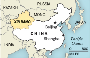 The Muslim Uighurs consider Xinjiang their homeland, but make up just 46 percent of the region’s population. (Map: The Washington Post)